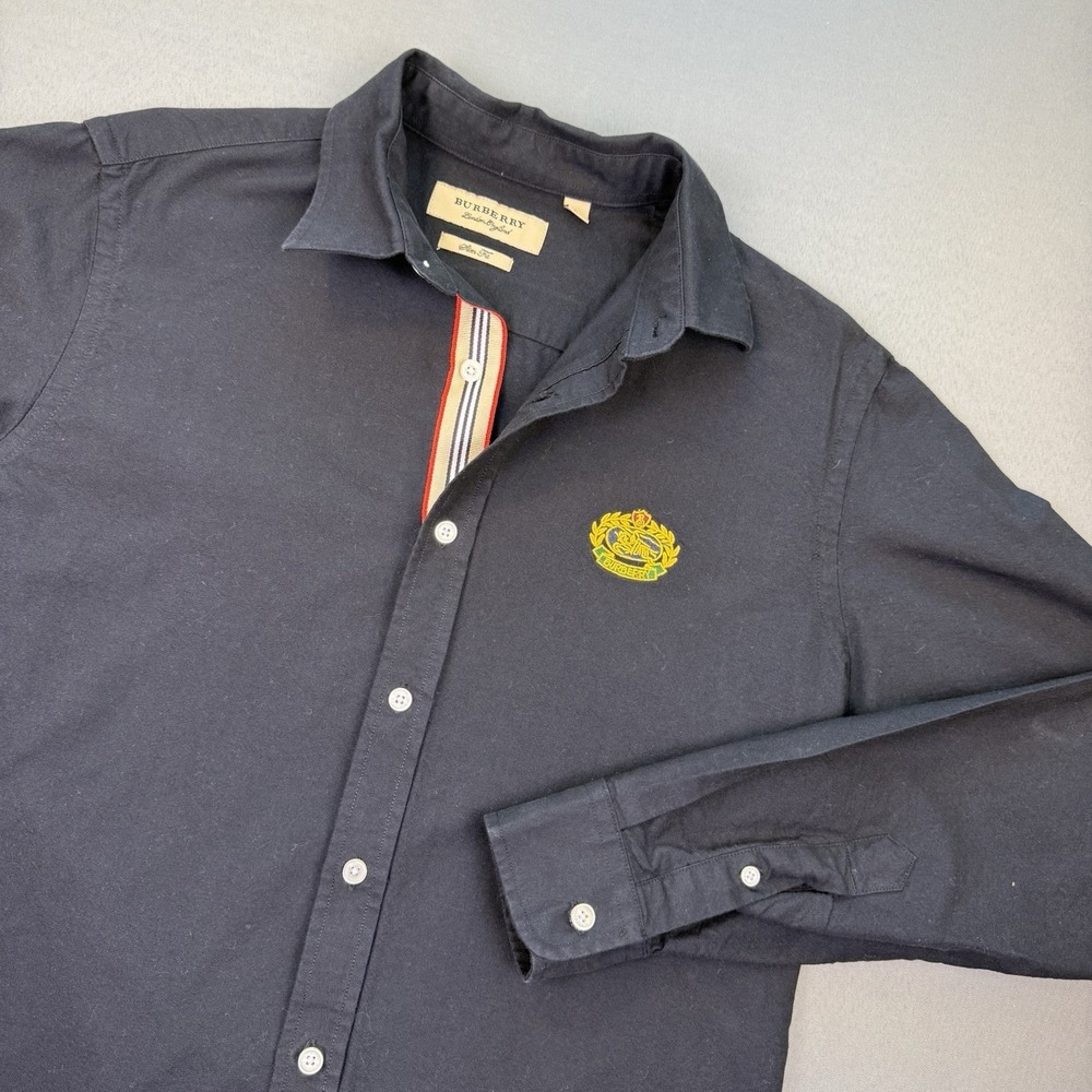 Vtg Burberry Women's L Slim Luxury Black Oxford Y2K Big EKD Logo Placket Lining